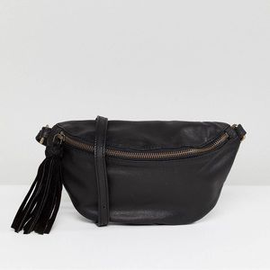 NWOT ASOS Design Black Leather Adjustable Belt Bag with Tassel